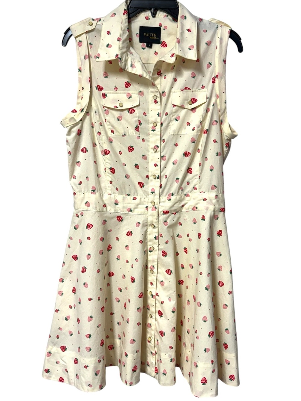 Vaute Couture Cream Strawberry Print Sleeveless Shirt Dress